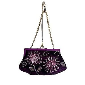 La Regale Purple Velvet Beaded Sequin Evening Clutch Bag Gold Chain Kiss Lock